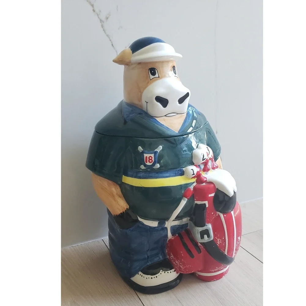 Vintage Cow Cookie Jar Golfer Ceramic Whimsical Kitchen Decor 12 Inch